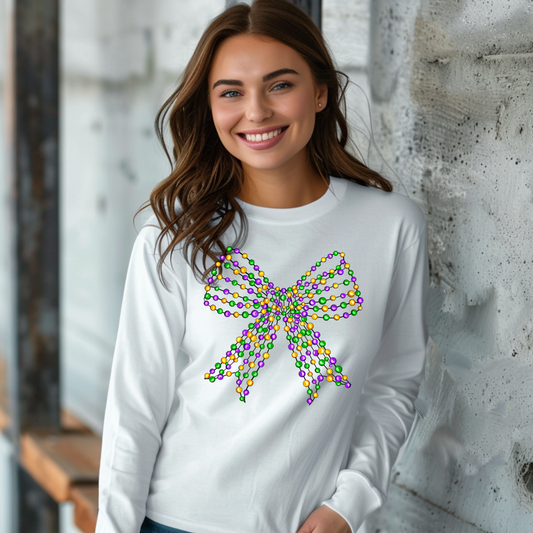 Mardi Gras Beaded Coquette Bow Gildan Long Sleeve