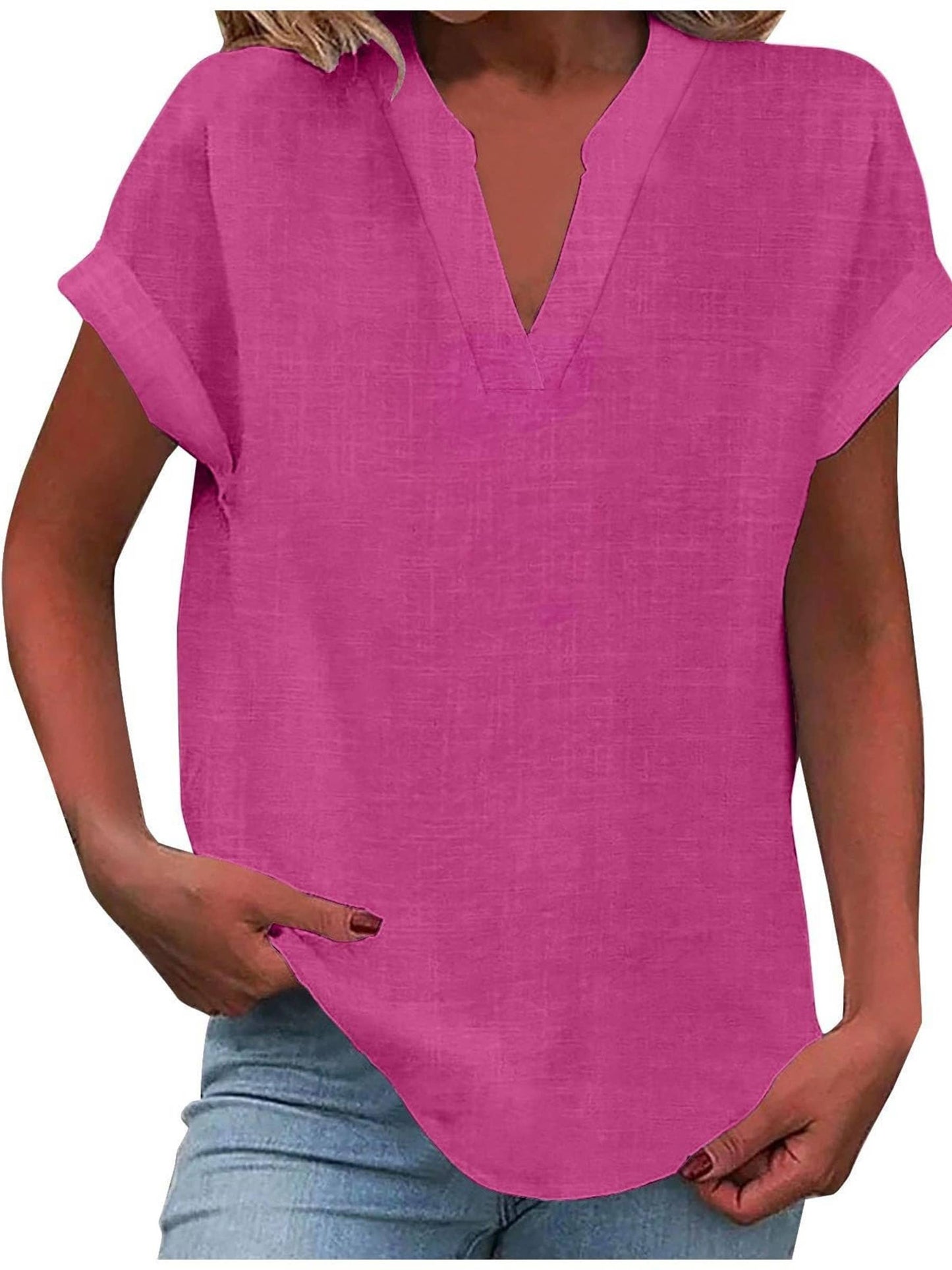 Solid V Neck Short Sleeve Slub Cotton Shirt