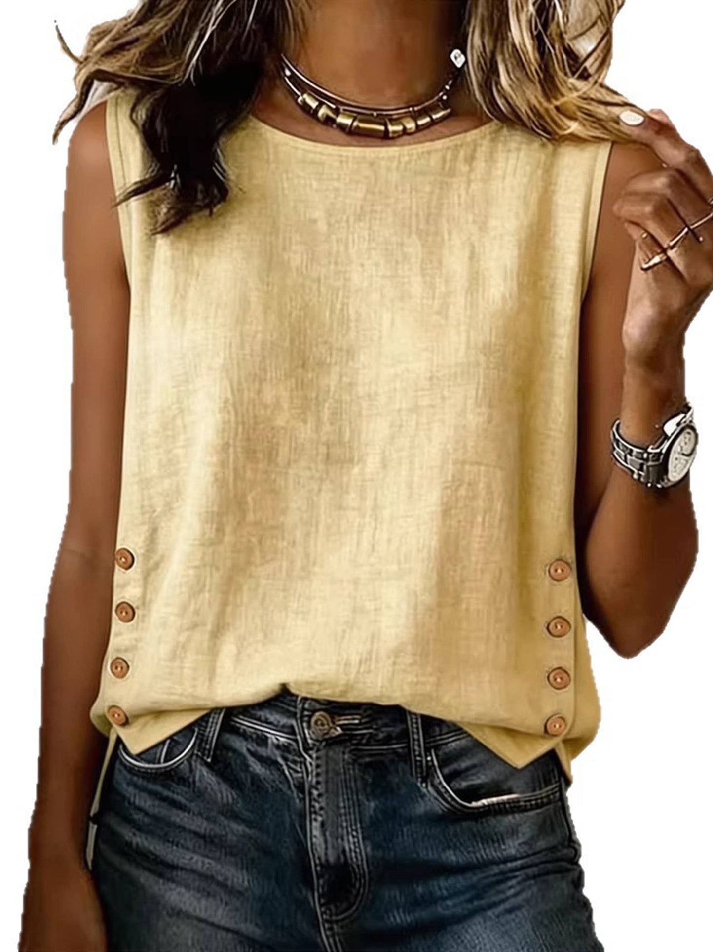 Loose Button Solid Crew Neck Cotton Linen Top