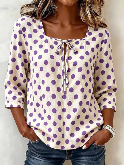 Square Neck Tie Front Retro Polka Dot Casual Blouse