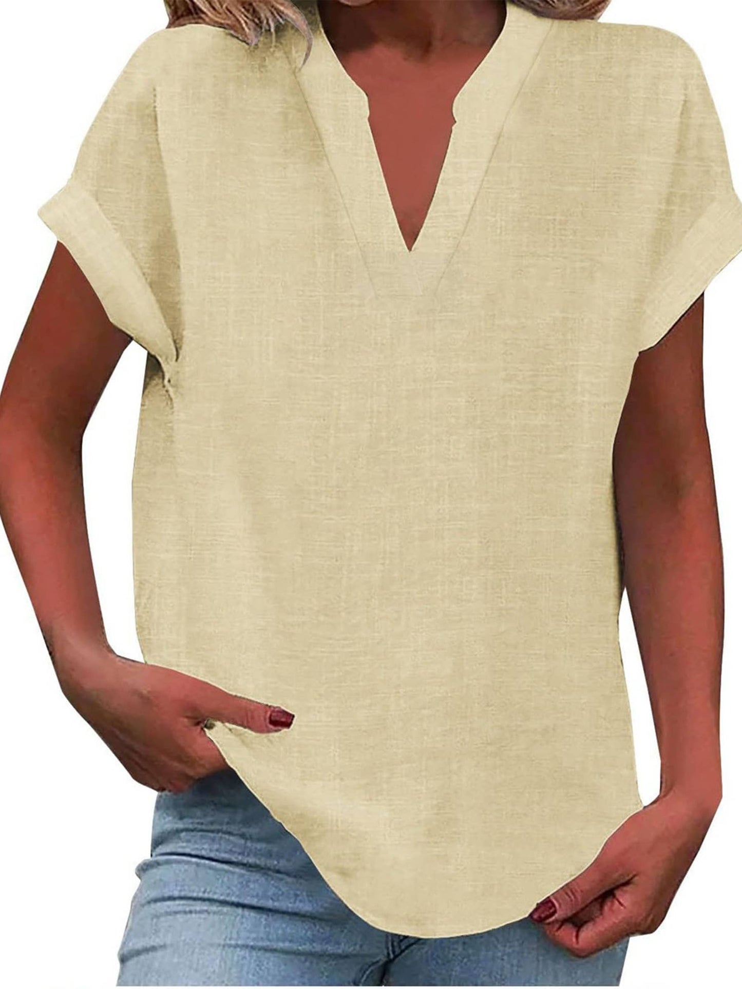 Solid V Neck Short Sleeve Slub Cotton Shirt