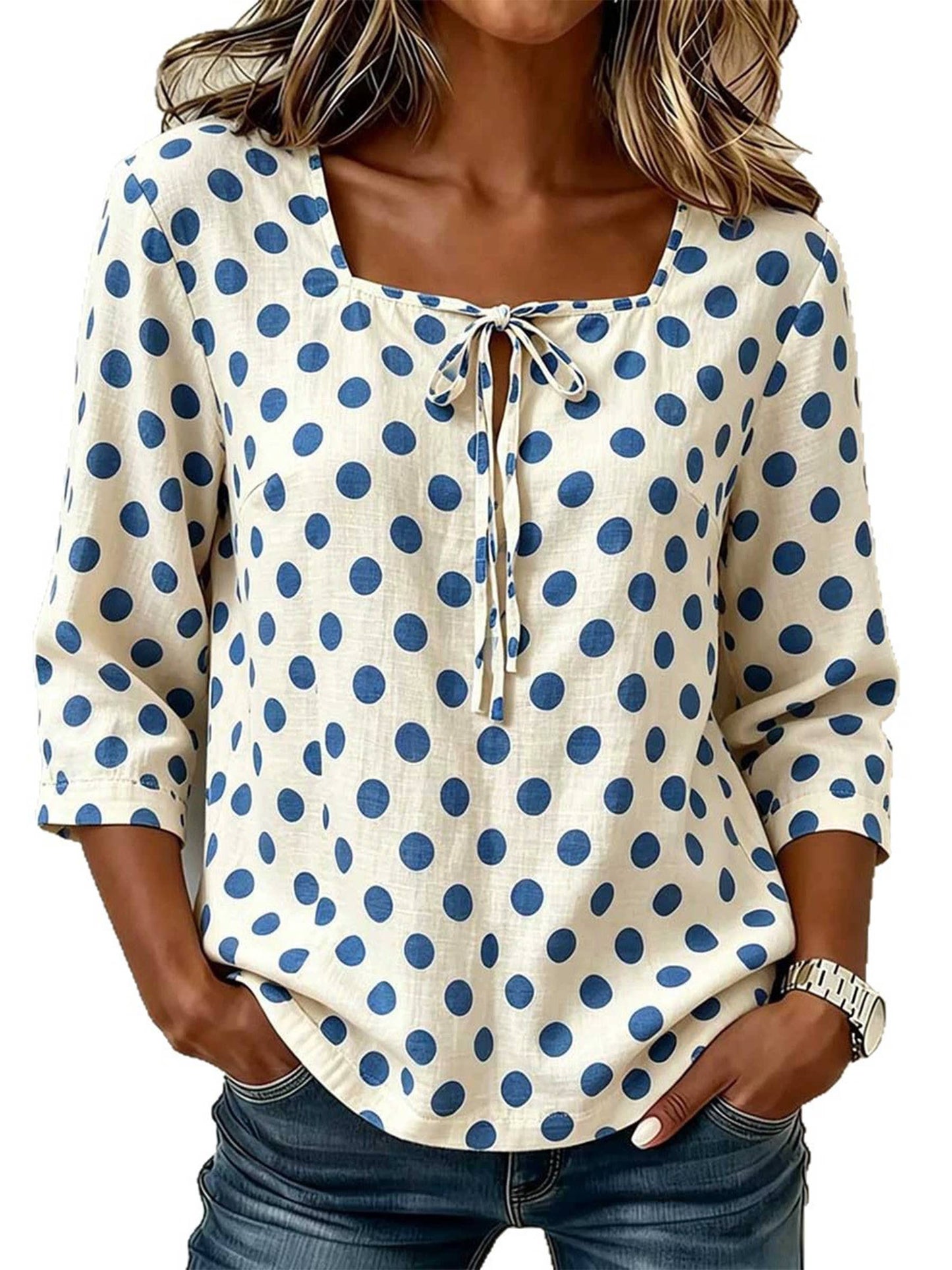 Square Neck Tie Front Retro Polka Dot Casual Blouse