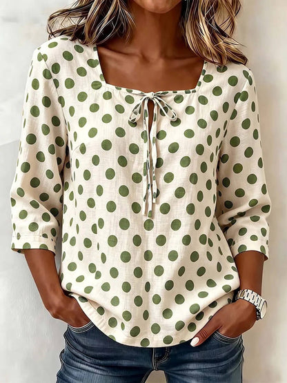 Square Neck Tie Front Retro Polka Dot Casual Blouse