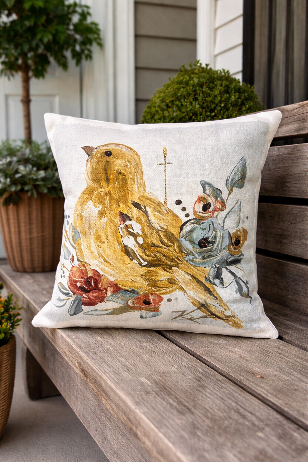 GA Yellow Bird With Flowers Pillow