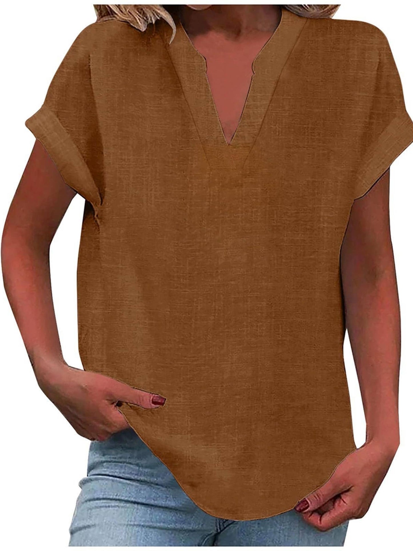 Solid V Neck Short Sleeve Slub Cotton Shirt