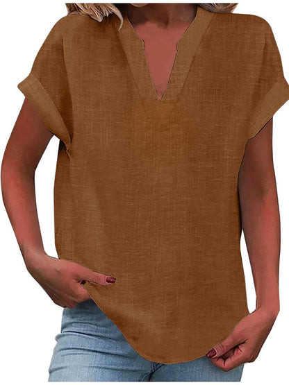 Solid V Neck Short Sleeve Slub Cotton Shirt