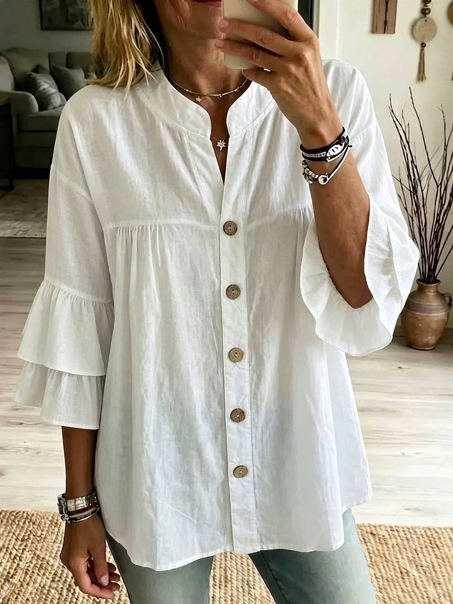 Solid Color Casual Soft Cotton Midi Length Shirt