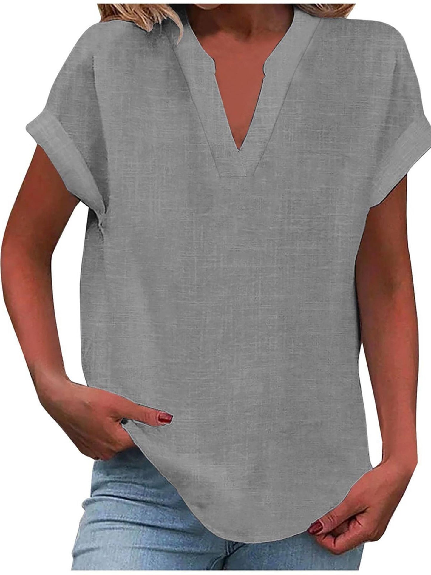 Solid V Neck Short Sleeve Slub Cotton Shirt