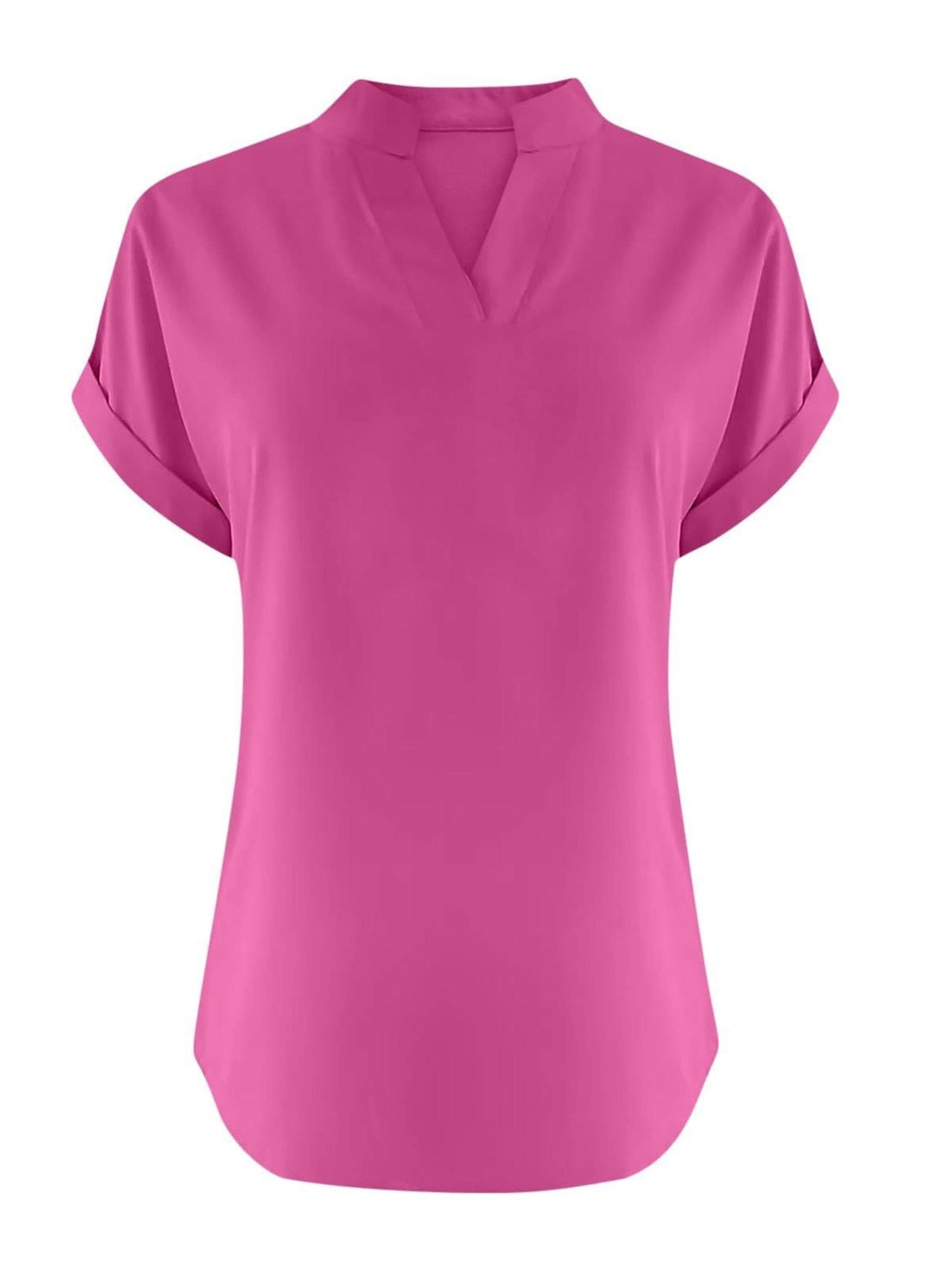 Solid V Neck Short Sleeve Slub Cotton Shirt