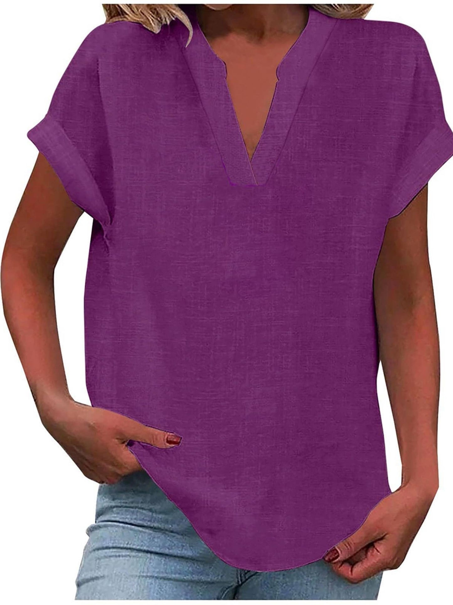 Solid V Neck Short Sleeve Slub Cotton Shirt