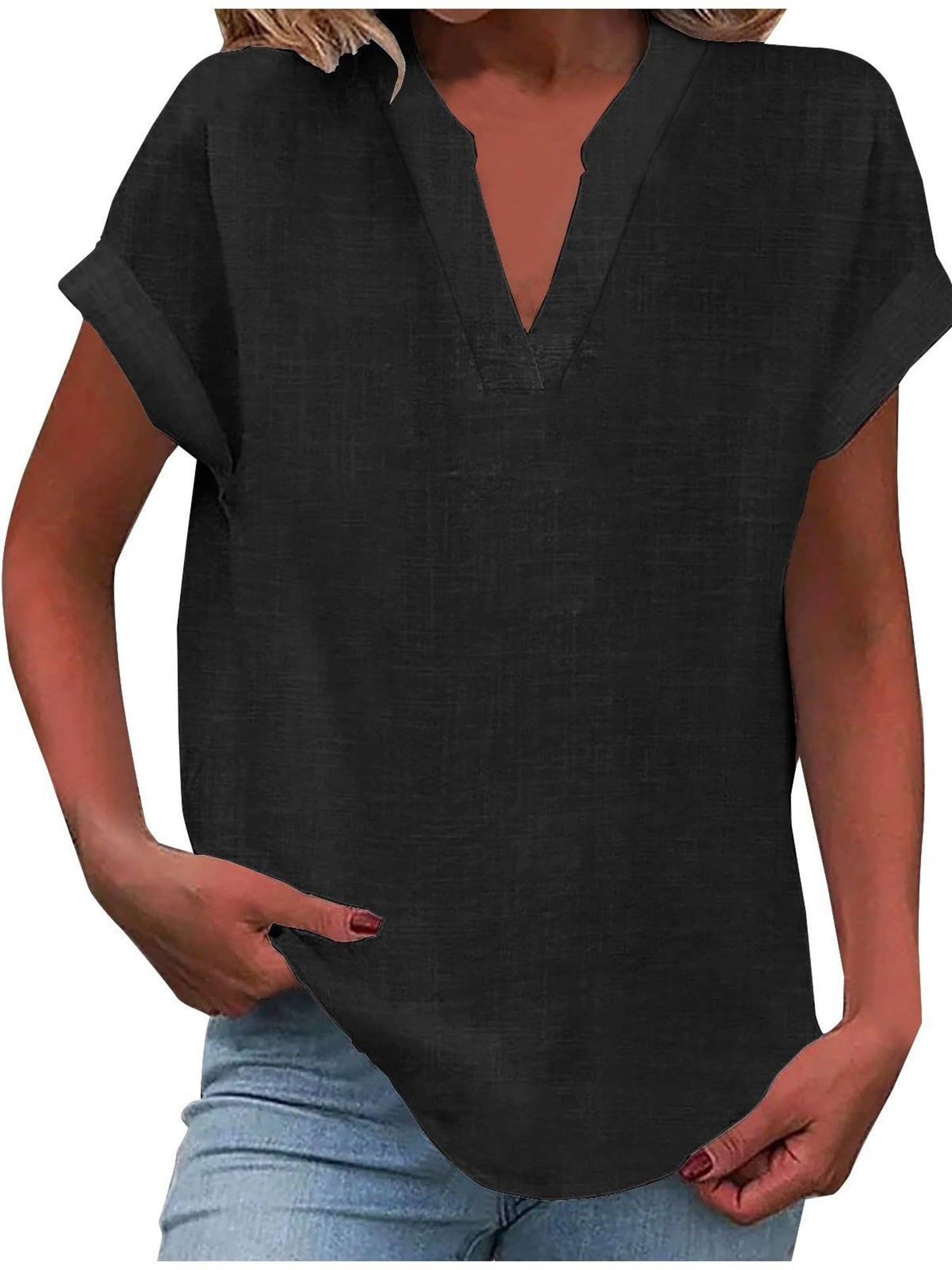 Solid V Neck Short Sleeve Slub Cotton Shirt