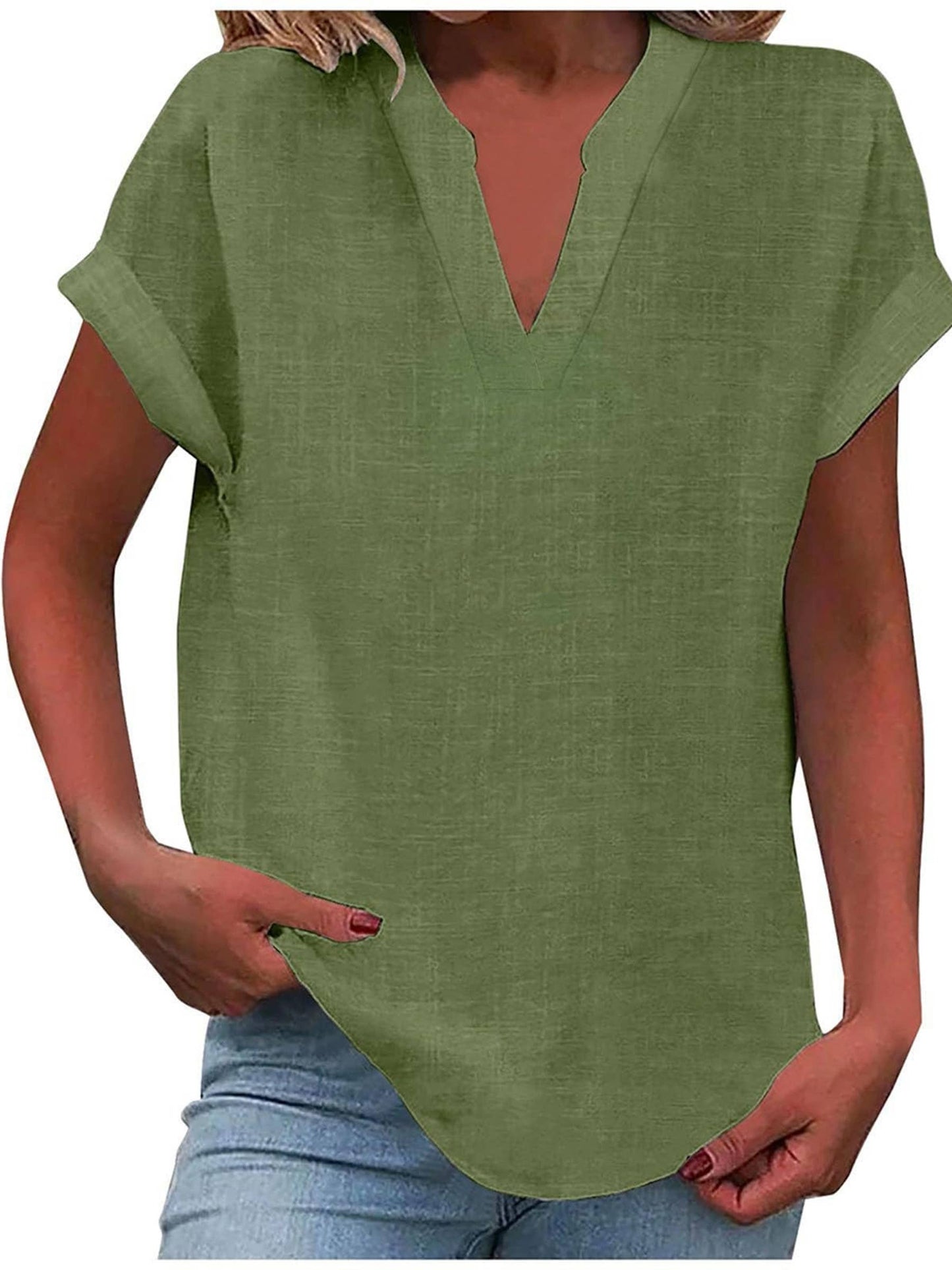 Solid V Neck Short Sleeve Slub Cotton Shirt