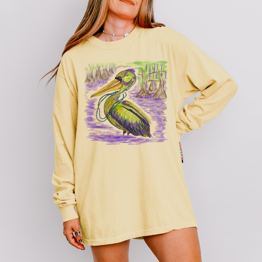 Mardi Gras Pelican Comfort Color Long Sleeve T-Shirt